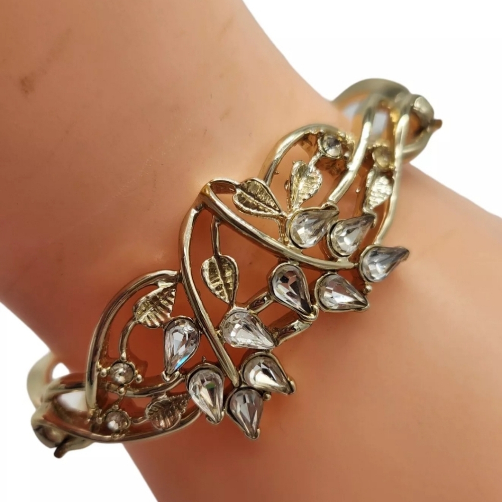 Vintage Signed Bogoff Clear Rhinestones Gold Tonr… - image 1